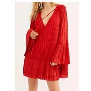 Free People Can't Help It Bell Sleeve Dress Sz L Red Ruffled Pleated Oversized